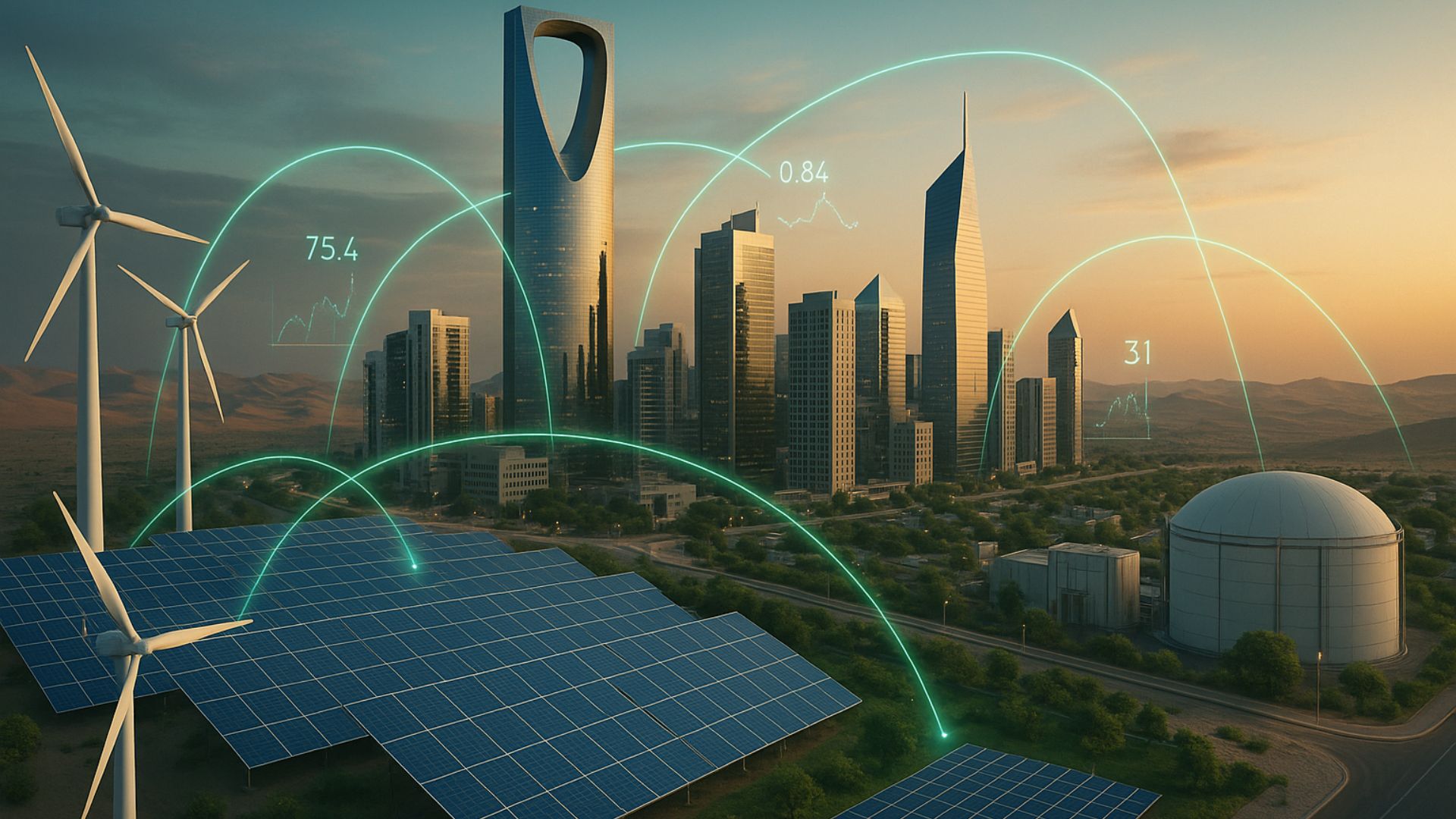 Skyline with Wind Turbines, Solar Panels, and Smart Energy Data Showcasing Saudi Arabia’s Push for Renewable Energy
